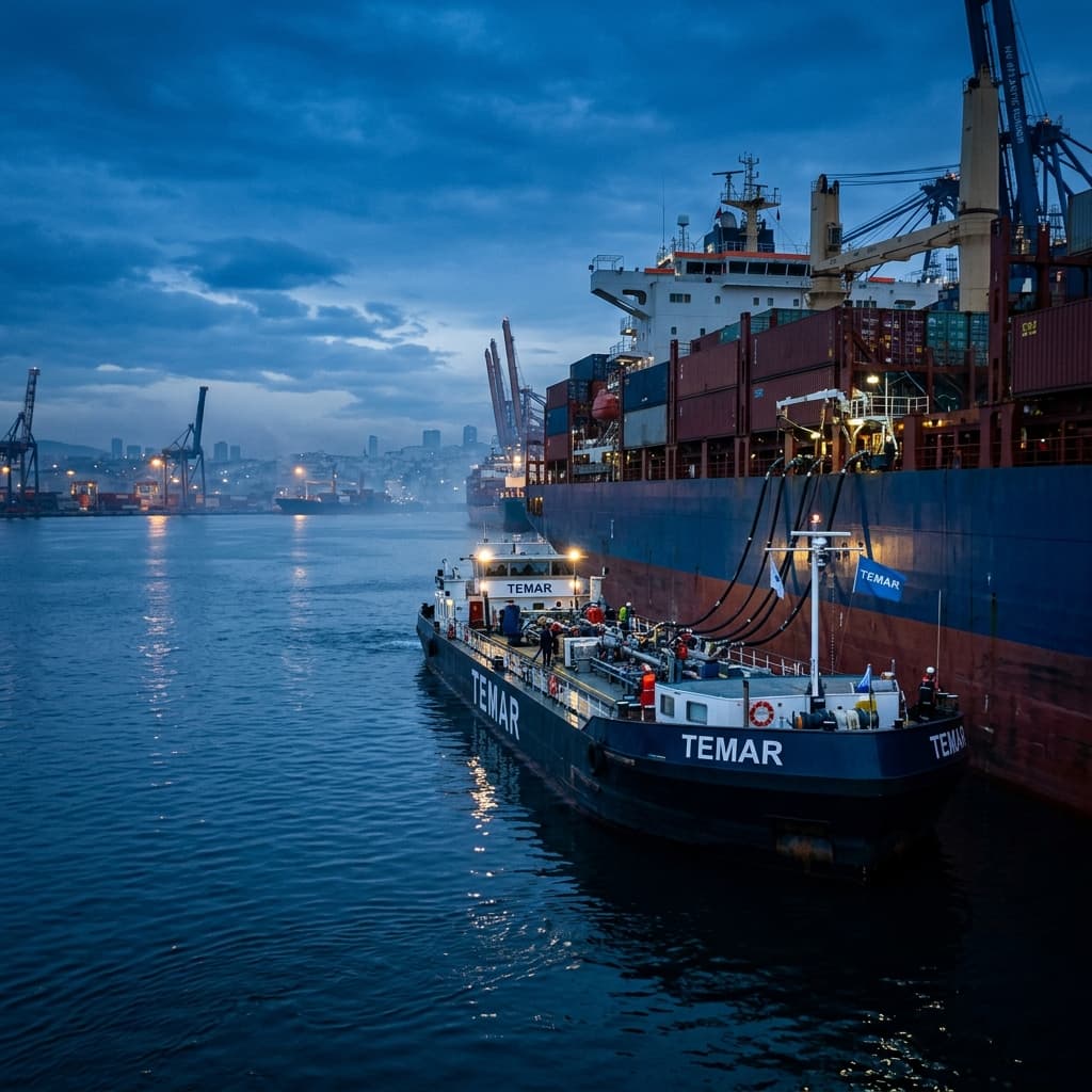 Tam ekran sinematik deniz/liman sahnesi — mavi saatte açık denizde barge veya limanda ikmal anı