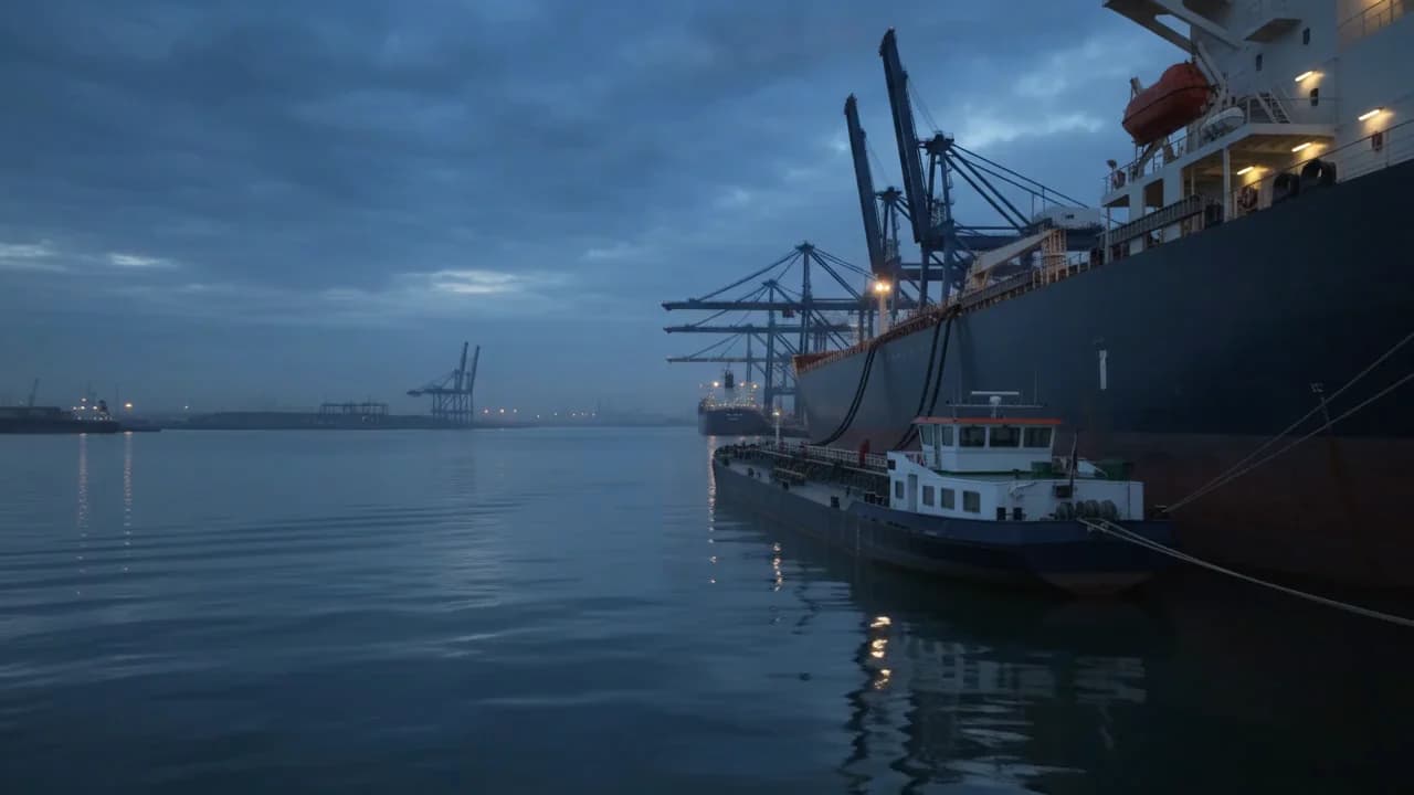 Tam ekran sinematik deniz/liman sahnesi — mavi saatte açık denizde barge veya limanda ikmal anı