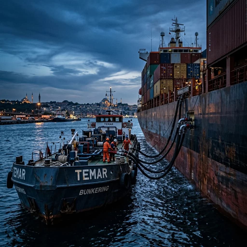 Yakıt ikmali / akış teması — barge'dan gemiye yakıt transferi