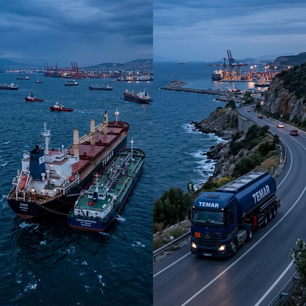 Denizde ikmal yapan barge + karada tanker — geniş sinematik panorama